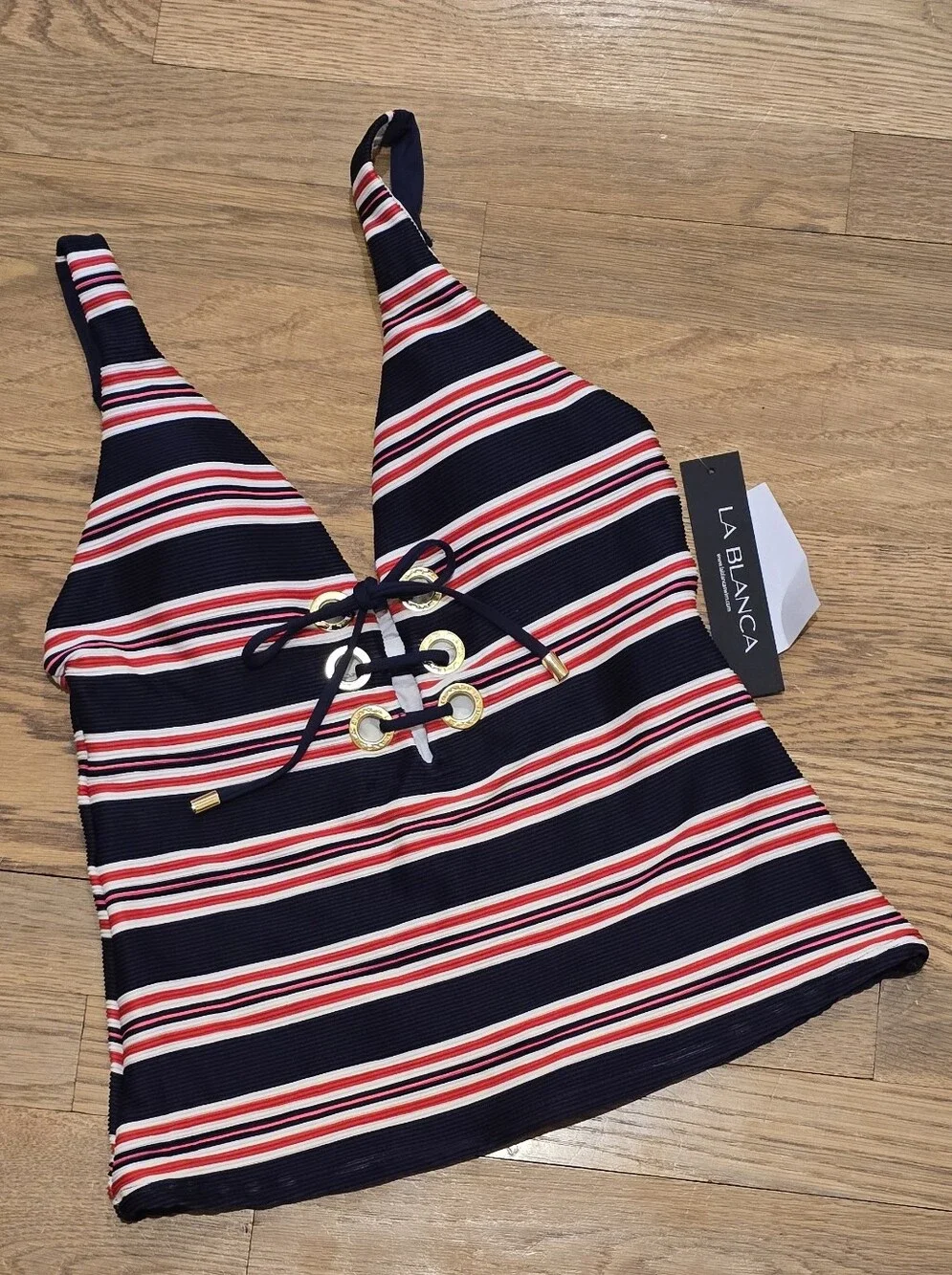 LA Blanca Sailor Stripe Lace-Up Tankini Top Sexy Fit Indigo Multi Sz 8 NWT